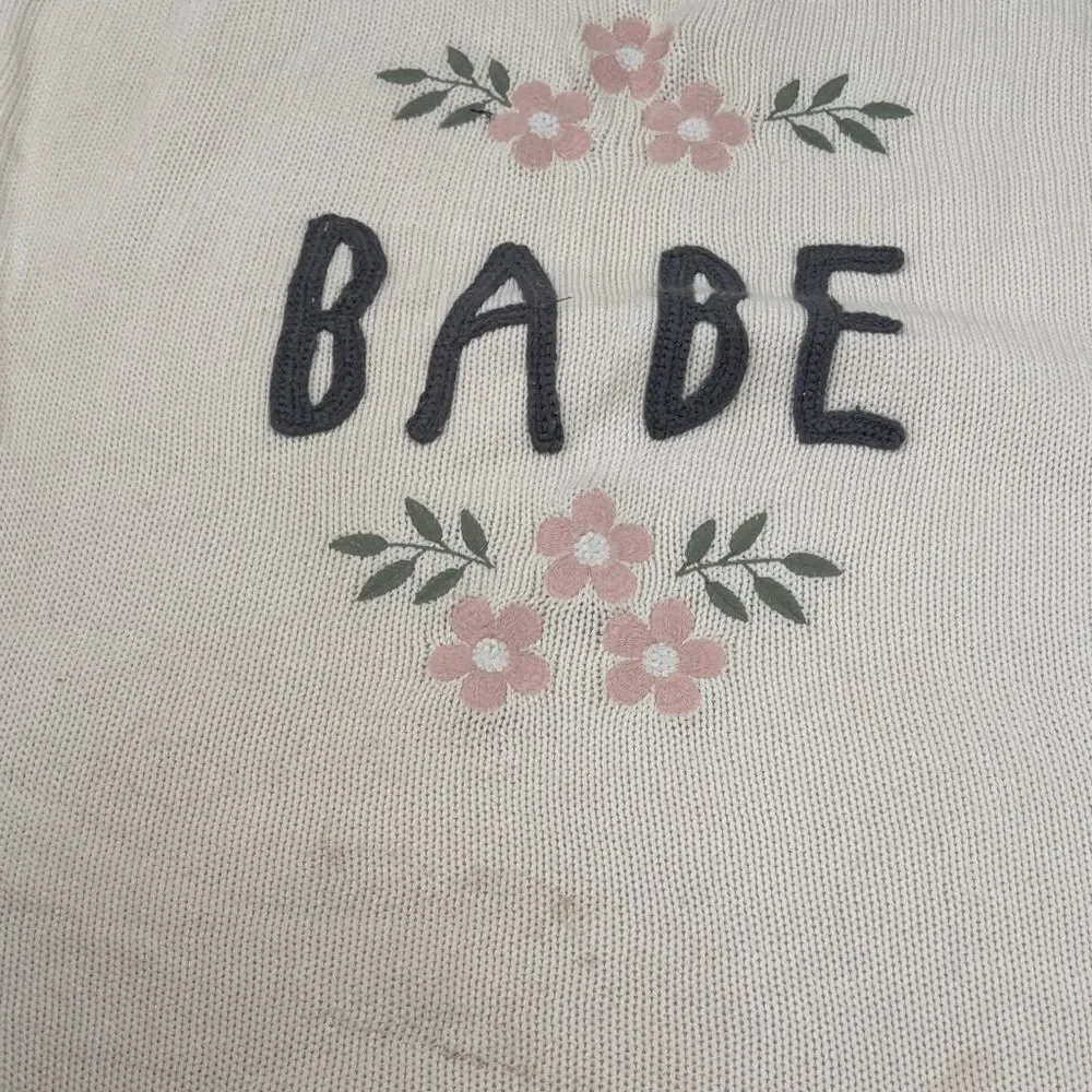 Pottery barn “babe” Cream Knit Blanket with Floral Design